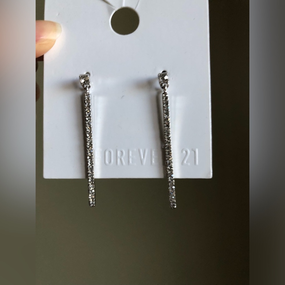 New Forever 21 Shiny Faux diamond linear drop long bar earrings